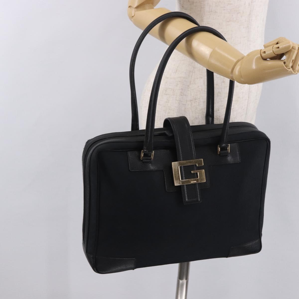 GUCCI Hand Bag Canvas Black Gold Auth 184433