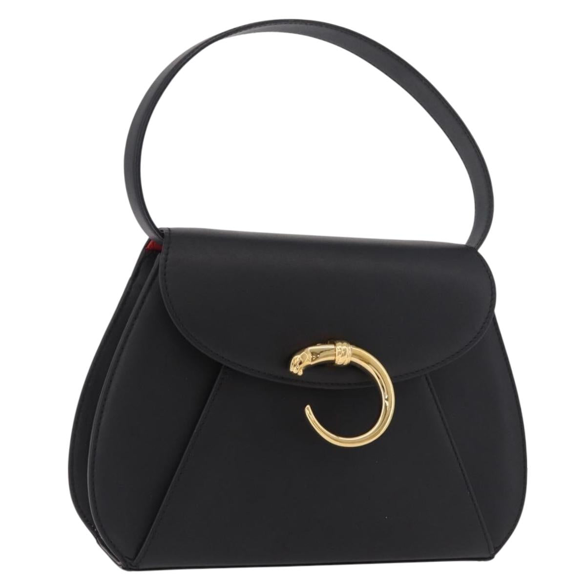 CARTIER PANTHERE Hand Bag Leather Black Gold Auth 184443V