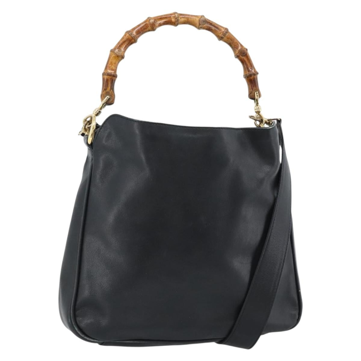 GUCCI Bamboo Hand Bag Leather 2way Black Gold 001 1638 2615 Auth 184452