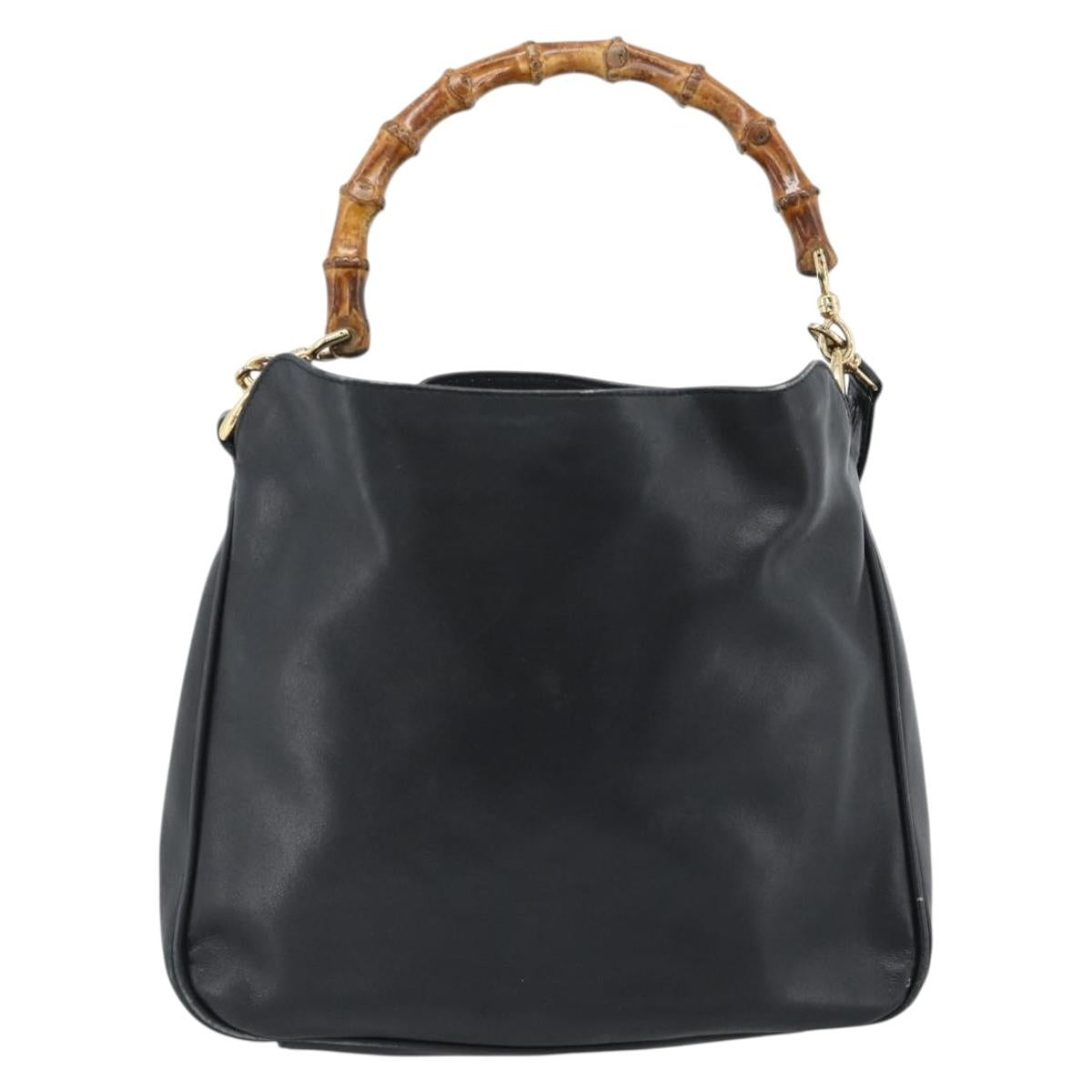 GUCCI Bamboo Hand Bag Leather 2way Black Gold 001 1638 2615 Auth 184452