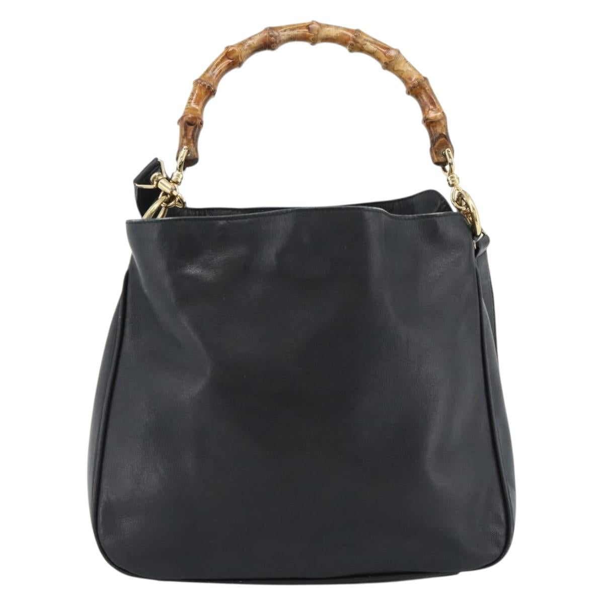 GUCCI Bamboo Hand Bag Leather 2way Black Gold 001 1638 2615 Auth 184452