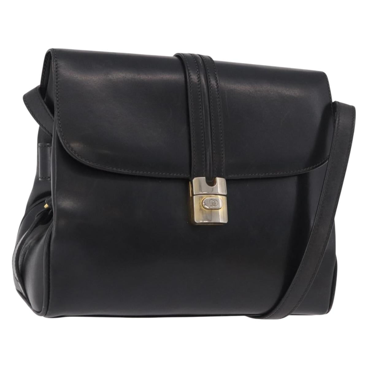 GUCCI Shoulder Bag Leather Navy Gold Auth 184456