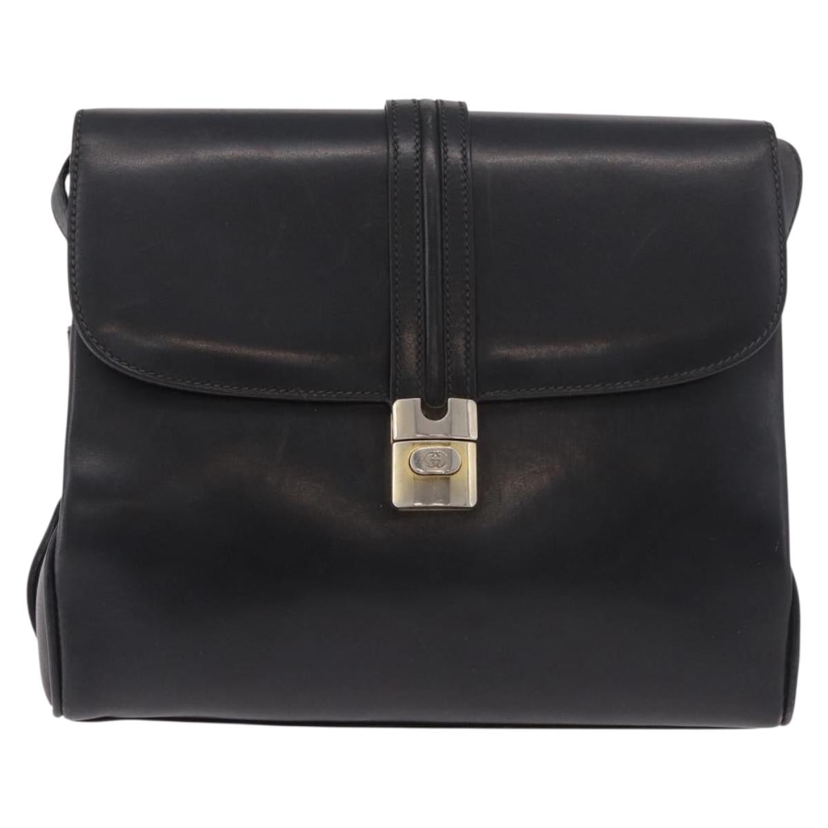 GUCCI Shoulder Bag Leather Navy Gold Auth 184456