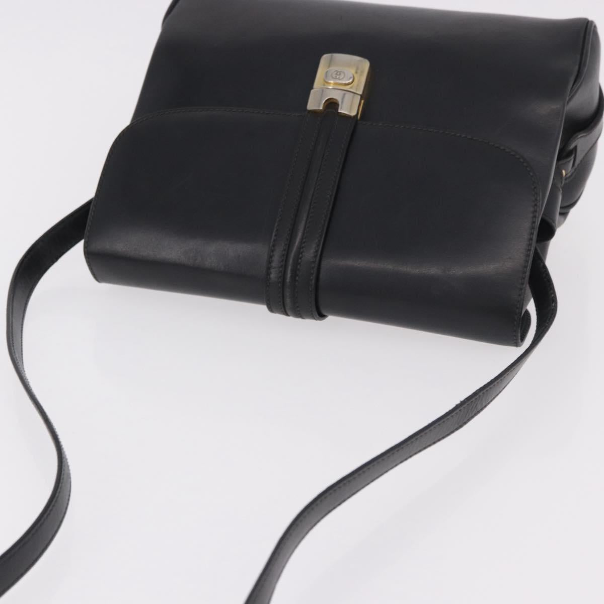 GUCCI Shoulder Bag Leather Navy Gold Auth 184456