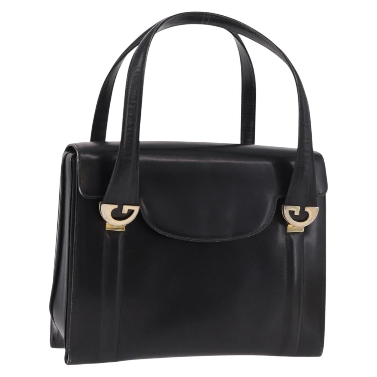 GUCCI Hand Bag Leather Black Gold Auth 184460
