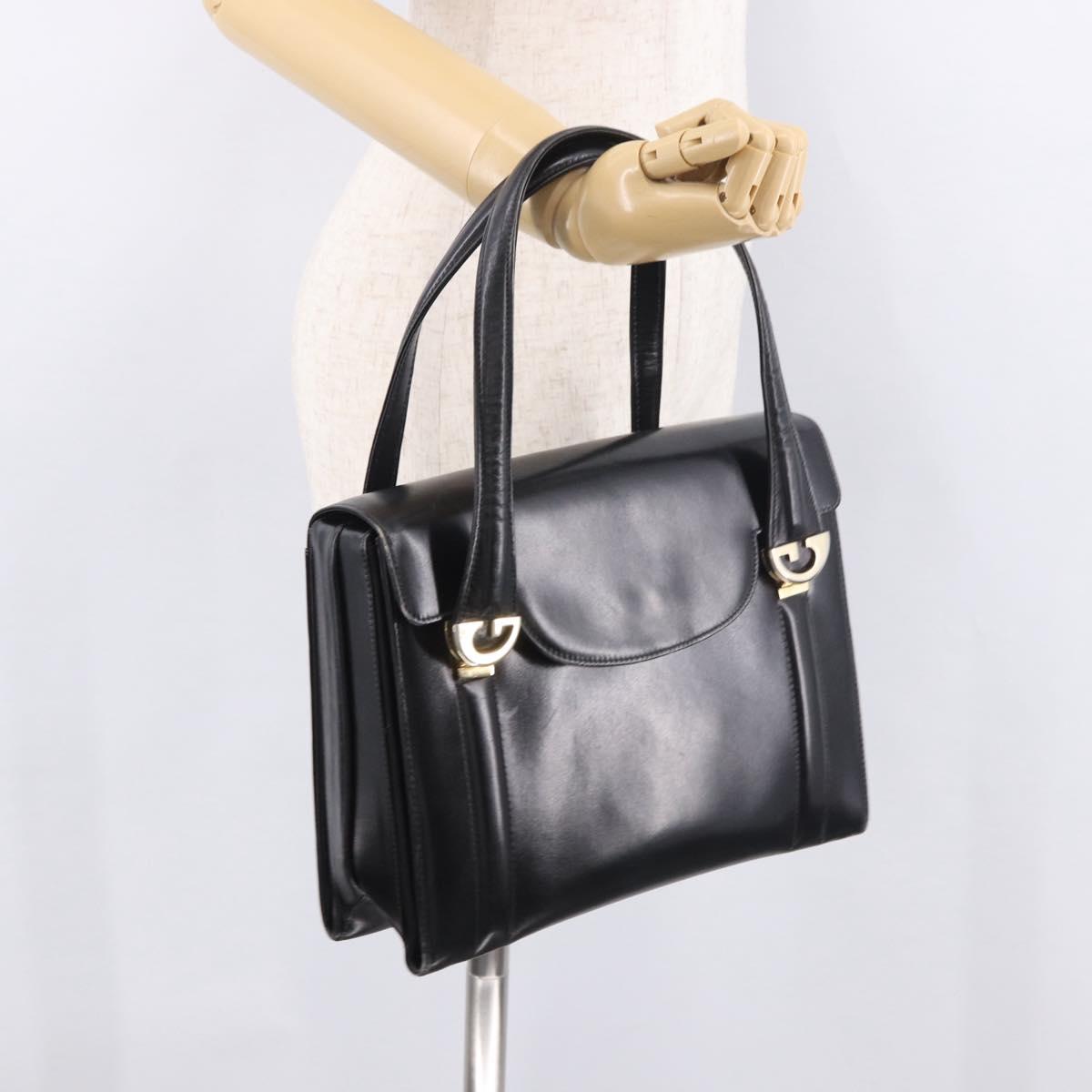 GUCCI Hand Bag Leather Black Gold Auth 184460