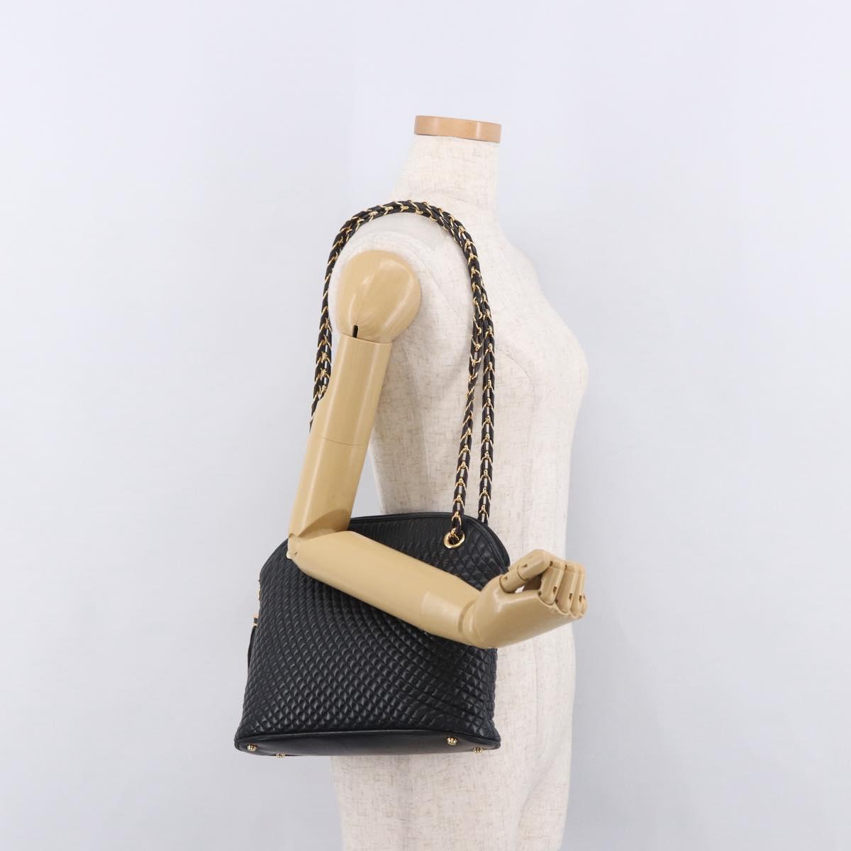 BALLY Chain Shoulder Bag Leather Black Gold Auth 184465