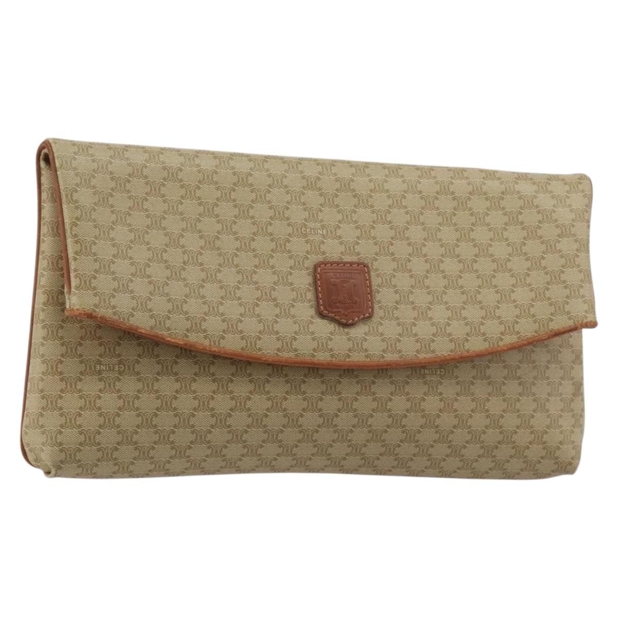 CELINE Macadam Canvas Clutch Bag PVC Beige Gold Auth 184467