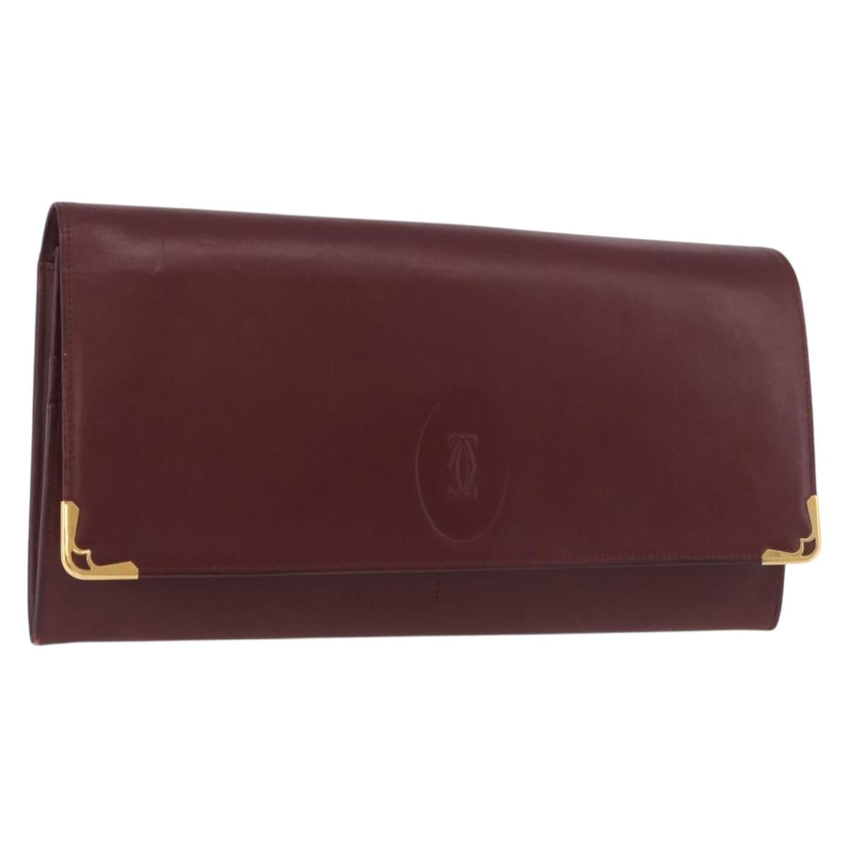 CARTIER Must Line Clutch Bag Leather Bordeaux Gold Auth 184475