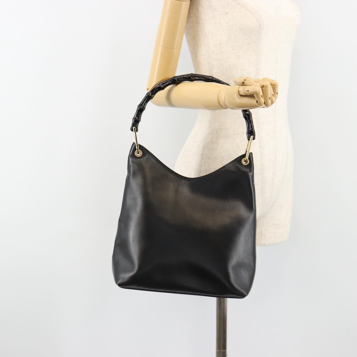 GUCCI Bamboo Shoulder Bag Leather Black Gold 001 3007 3754 Auth 184507