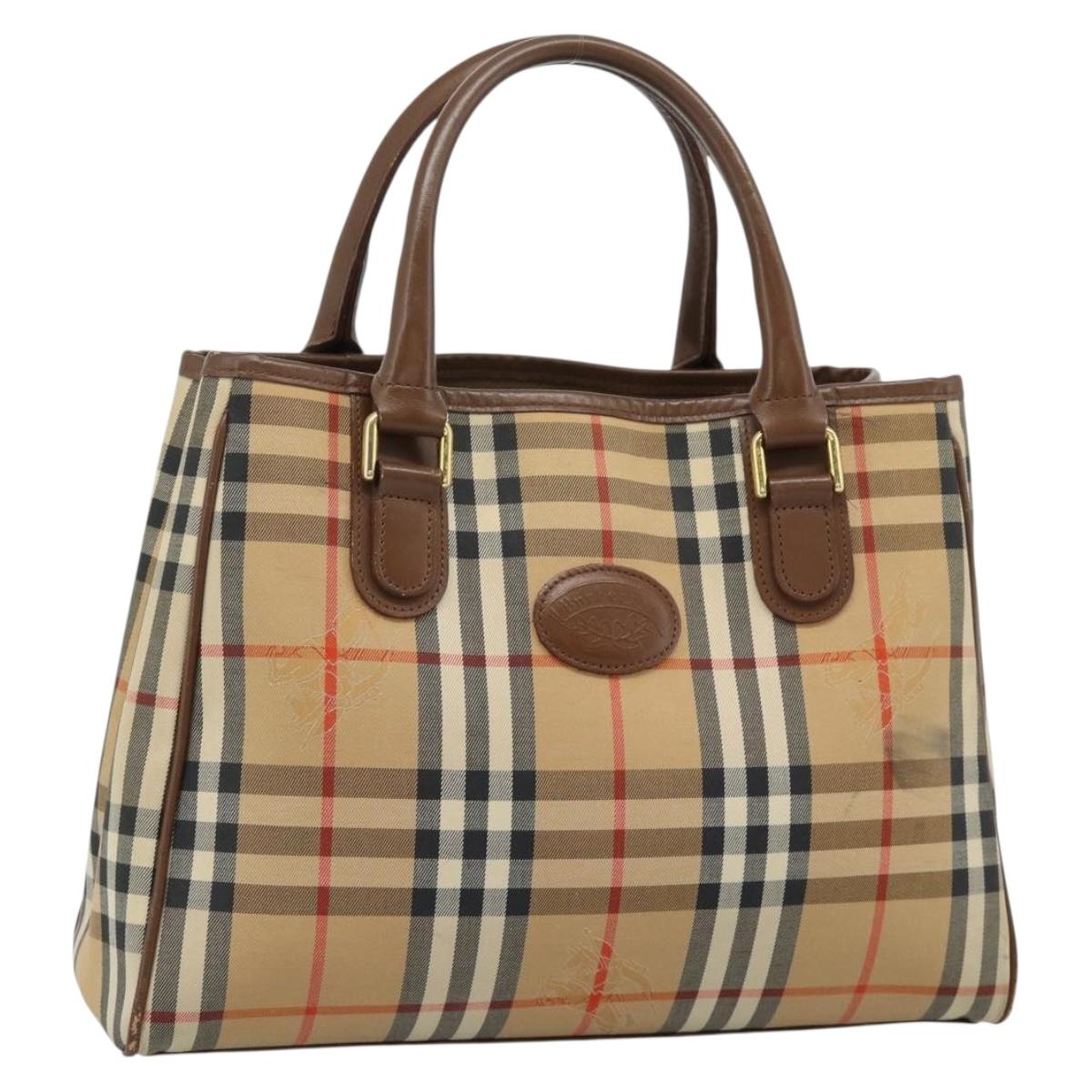 Burberrys Nova Check Hand Bag Canvas Beige Gold Auth 184516