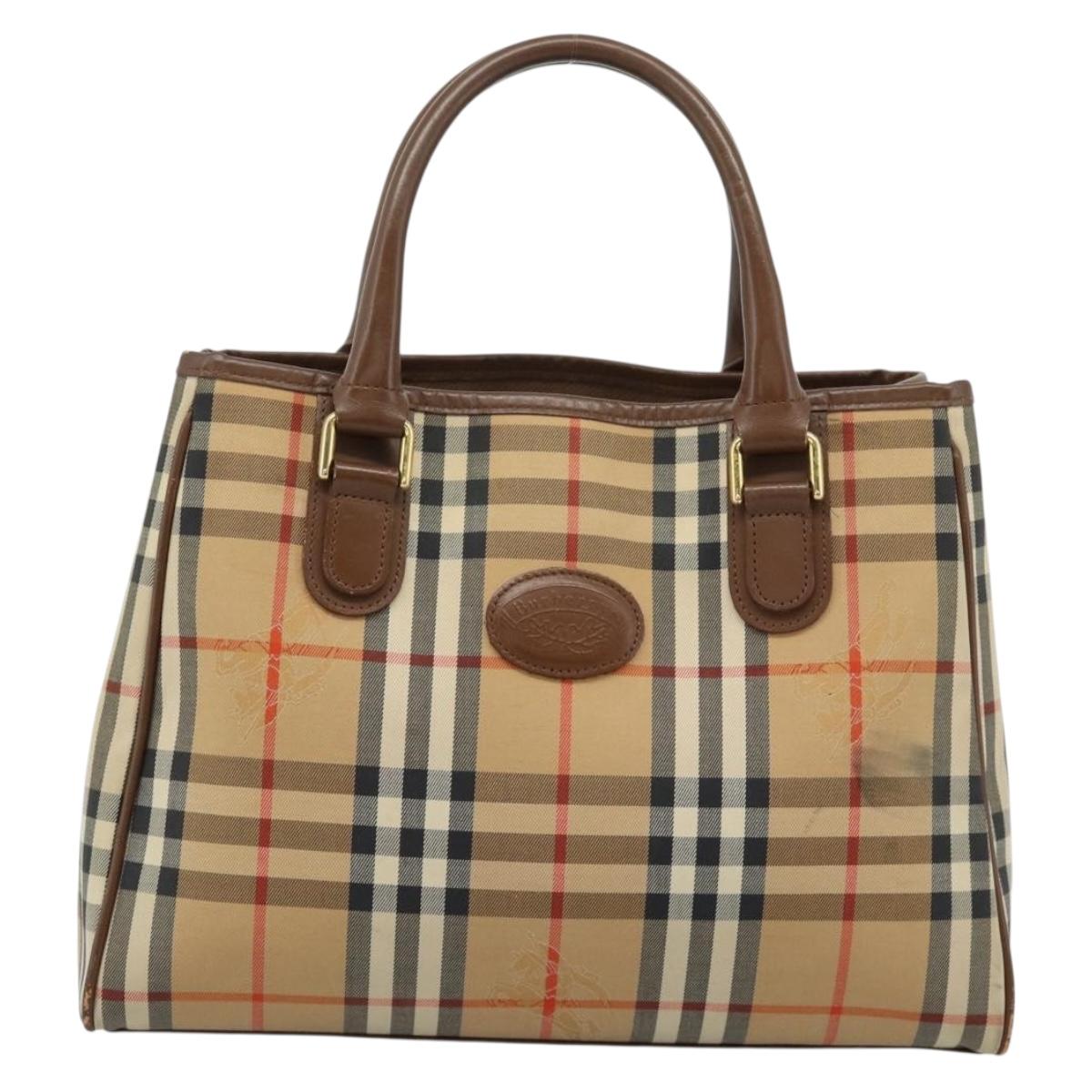 Burberrys Nova Check Hand Bag Canvas Beige Gold Auth 184516