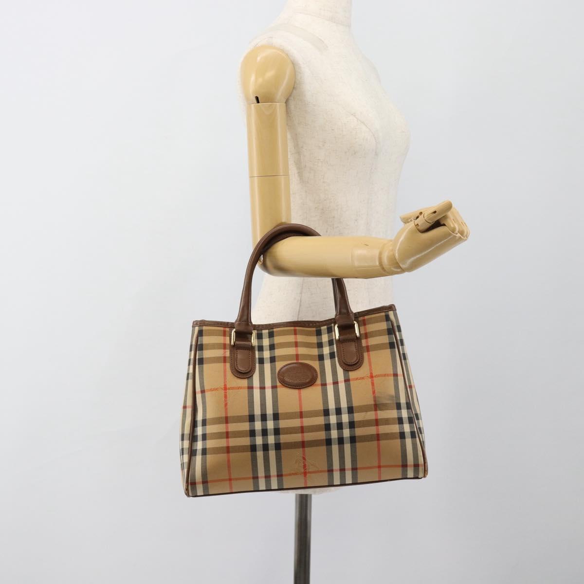 Burberrys Nova Check Hand Bag Canvas Beige Gold Auth 184516