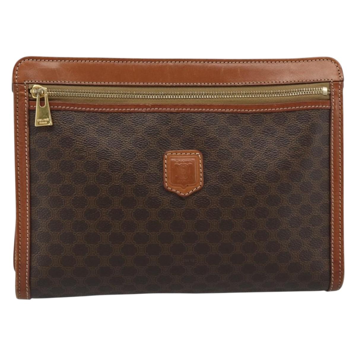 CELINE Macadam Canvas Clutch Bag PVC Leather Brown Gold Auth 184528