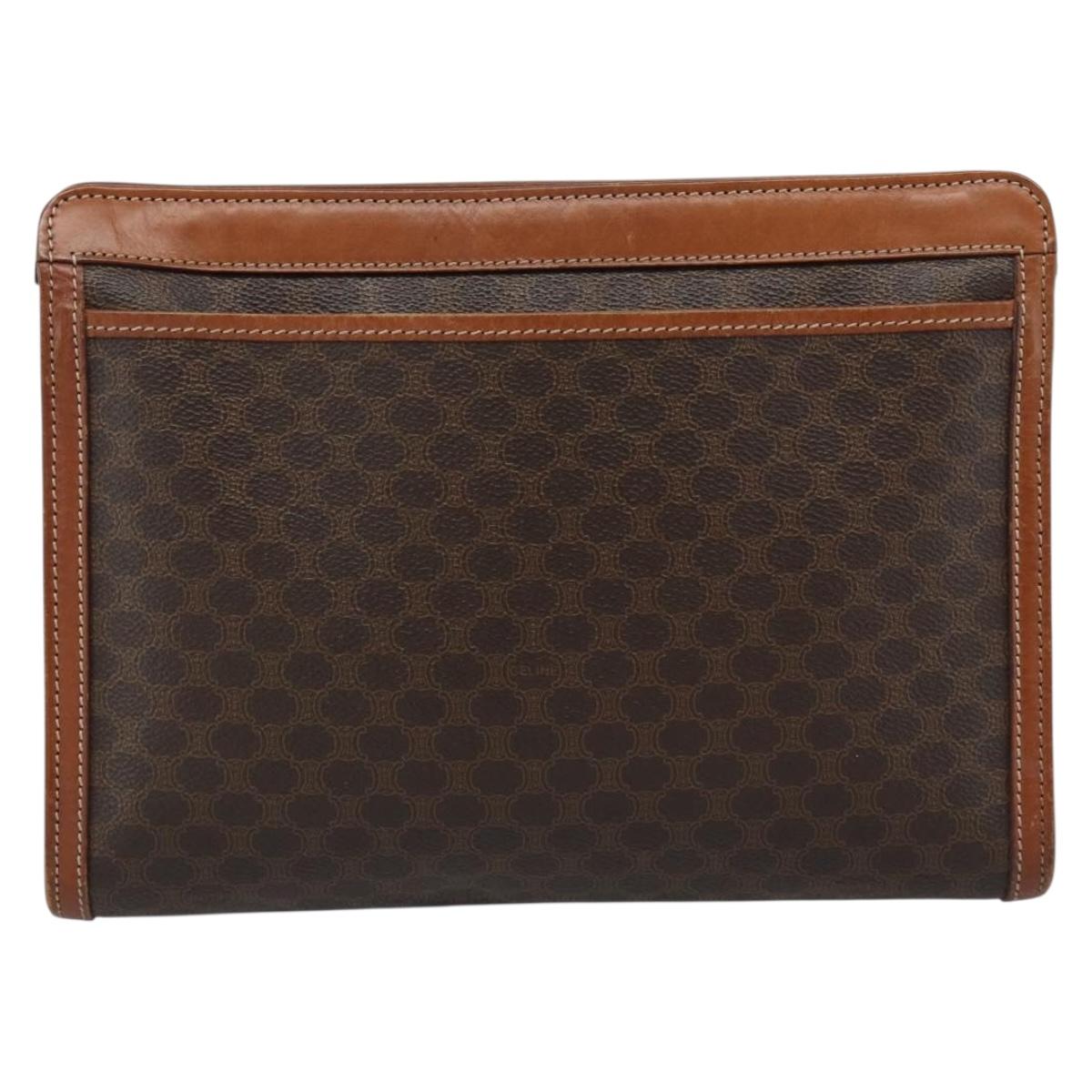 CELINE Macadam Canvas Clutch Bag PVC Leather Brown Gold Auth 184528