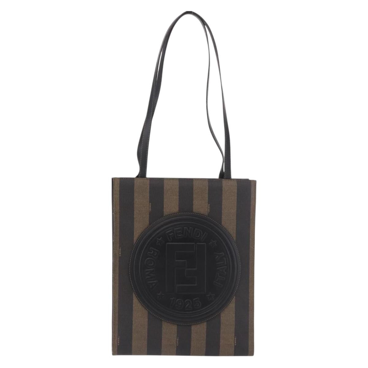 FENDI Pecan Canvas Tote Bag PVC Brown Black Auth 184531A