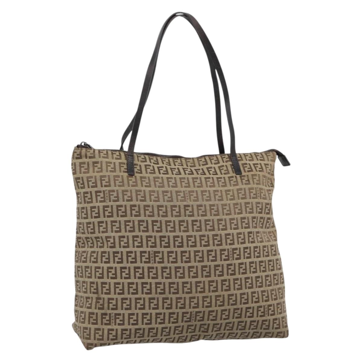 FENDI Zucchino Canvas Hand Bag Beige Silver Auth 184532
