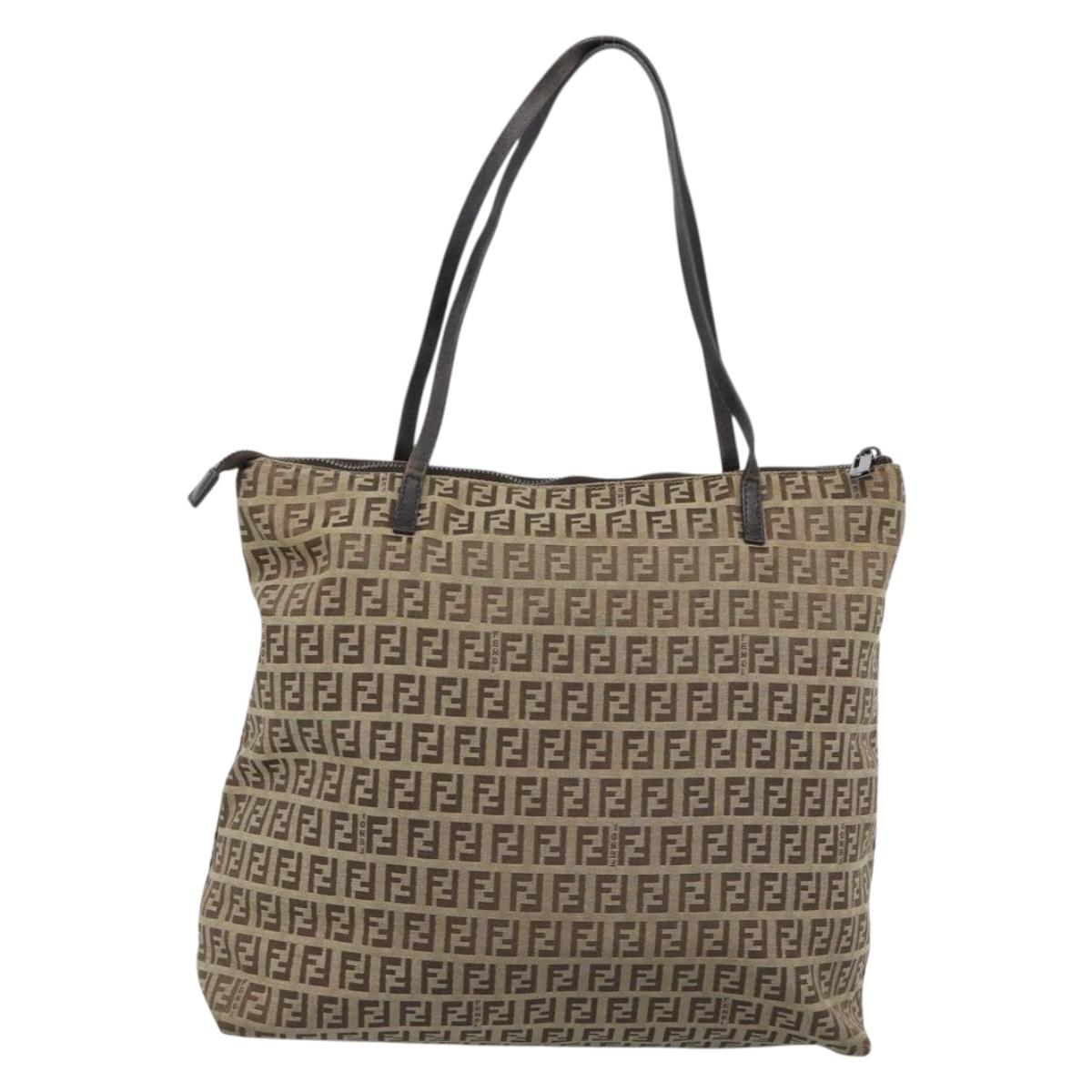 FENDI Zucchino Canvas Hand Bag Beige Silver Auth 184532