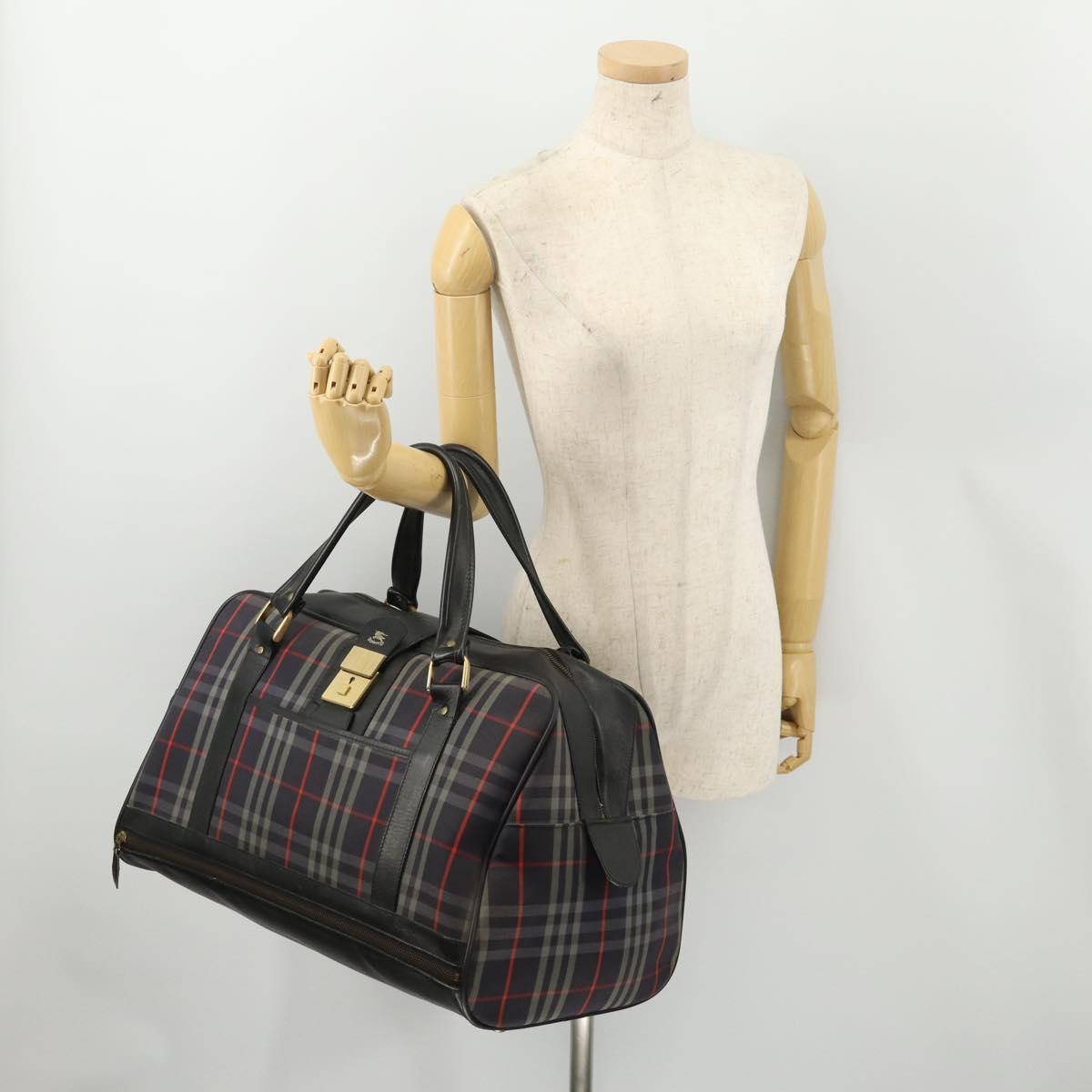 Burberrys Nova Check Boston Bag Canvas Navy Gold Auth 184536
