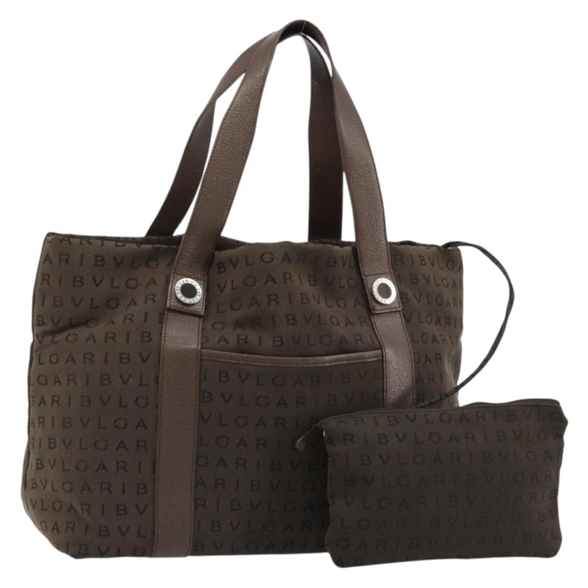 BVLGARI Logo Mania Tote Bag Canvas Brown Silver Auth 184540