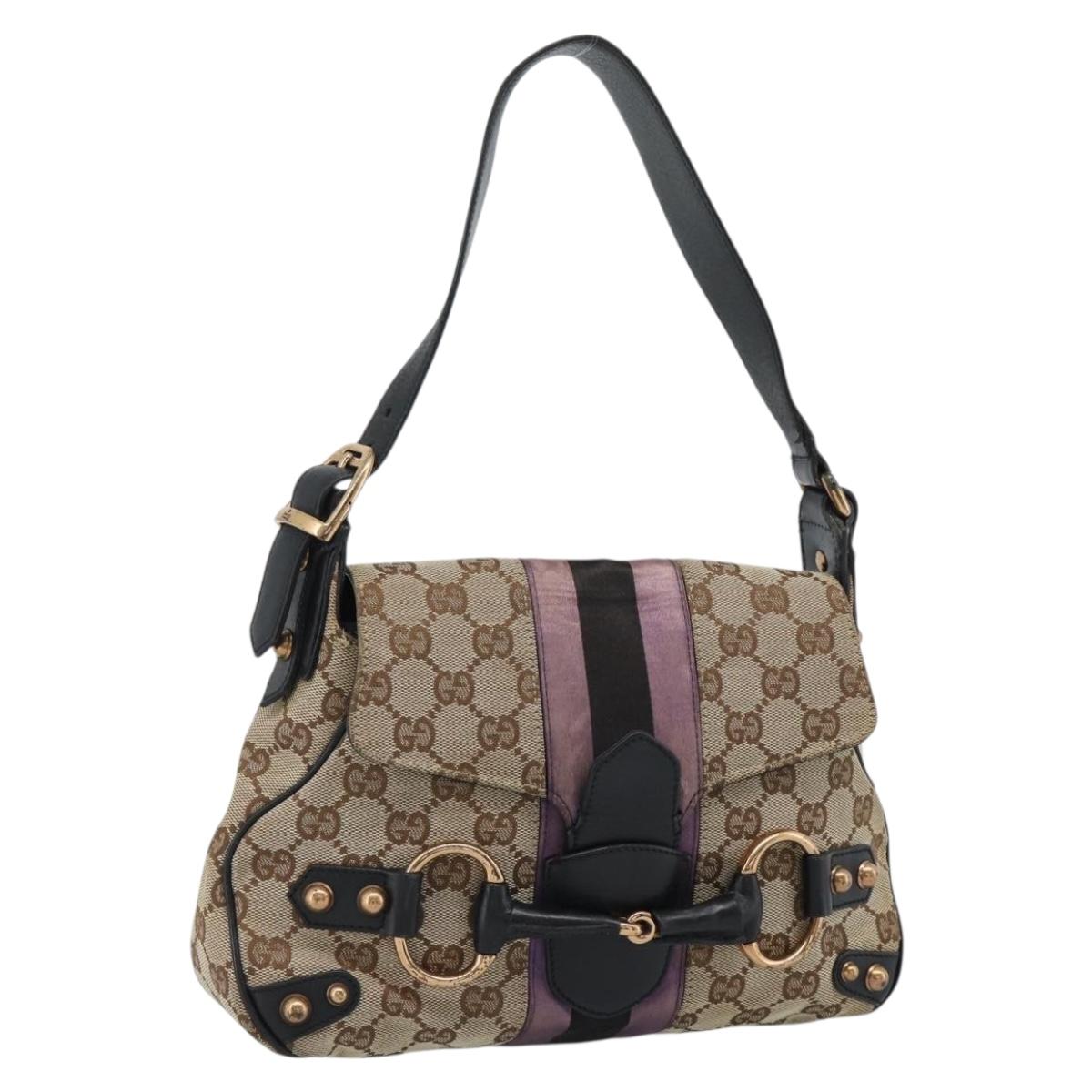 GUCCI GG Canvas Sherry Line Horsebit Shoulder Bag Beige Gold 129699 Auth 184548A