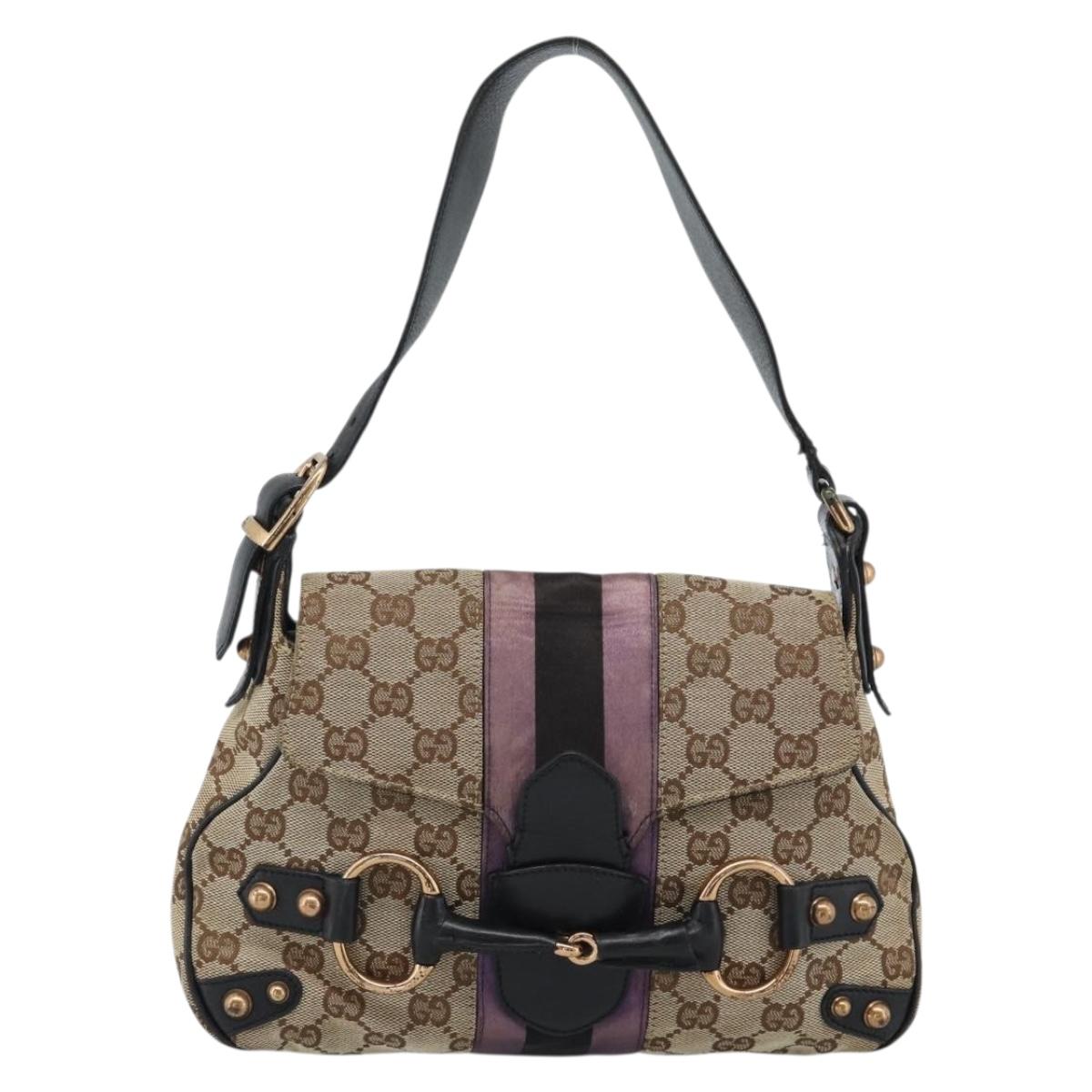 GUCCI GG Canvas Sherry Line Horsebit Shoulder Bag Beige Gold 129699 Auth 184548A