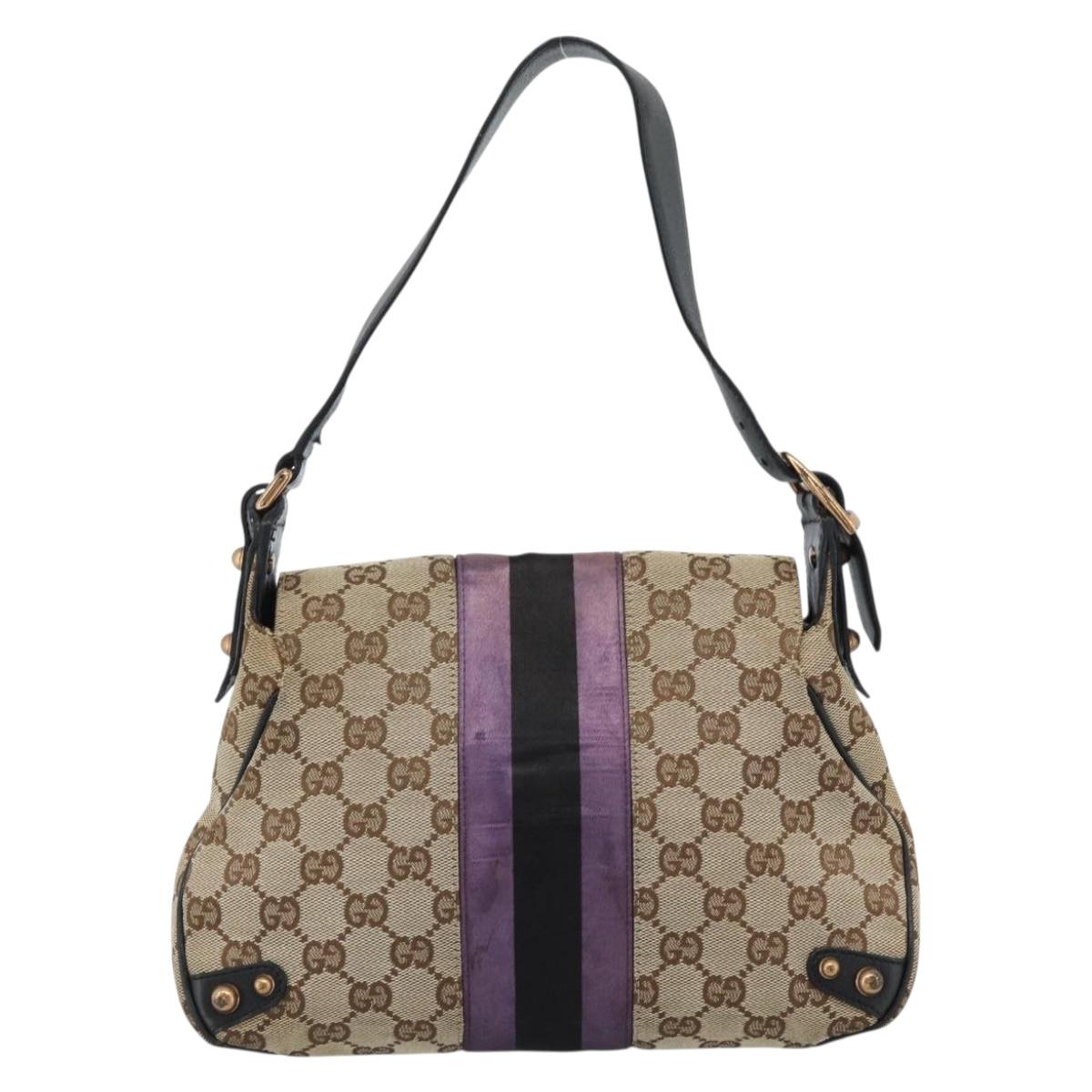GUCCI GG Canvas Sherry Line Horsebit Shoulder Bag Beige Gold 129699 Auth 184548A