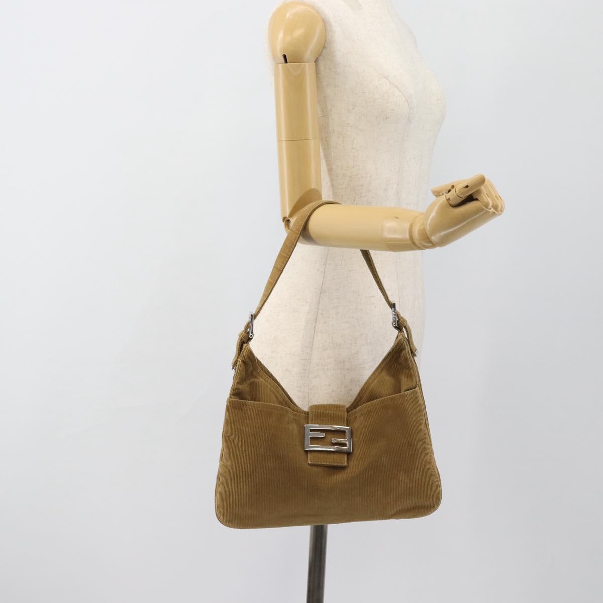 FENDI Mamma Baguette Shoulder Bag Corduroy Brown Silver Auth 184550V