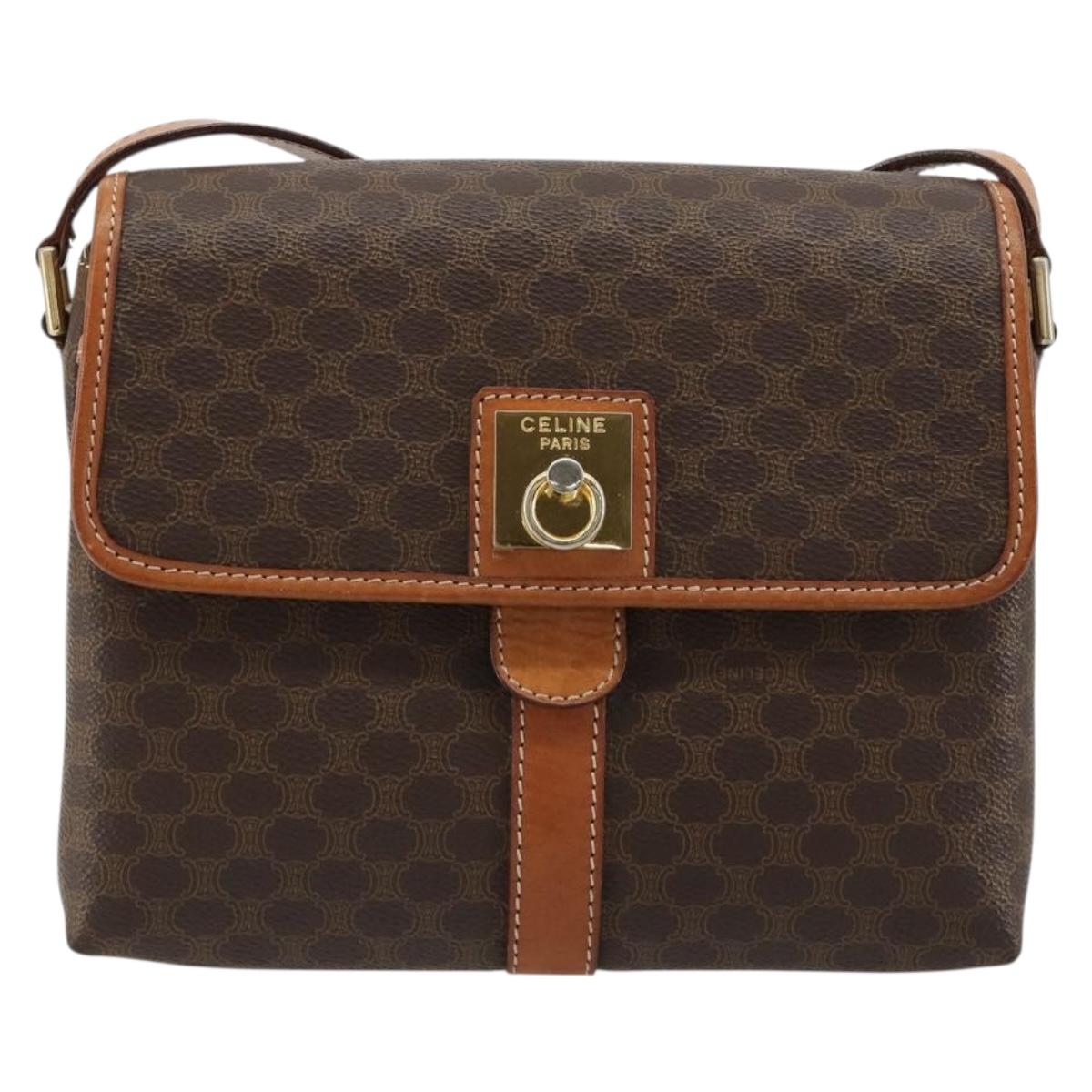 CELINE Macadam Canvas Shoulder Bag PVC Leather Brown Gold Auth 184552A