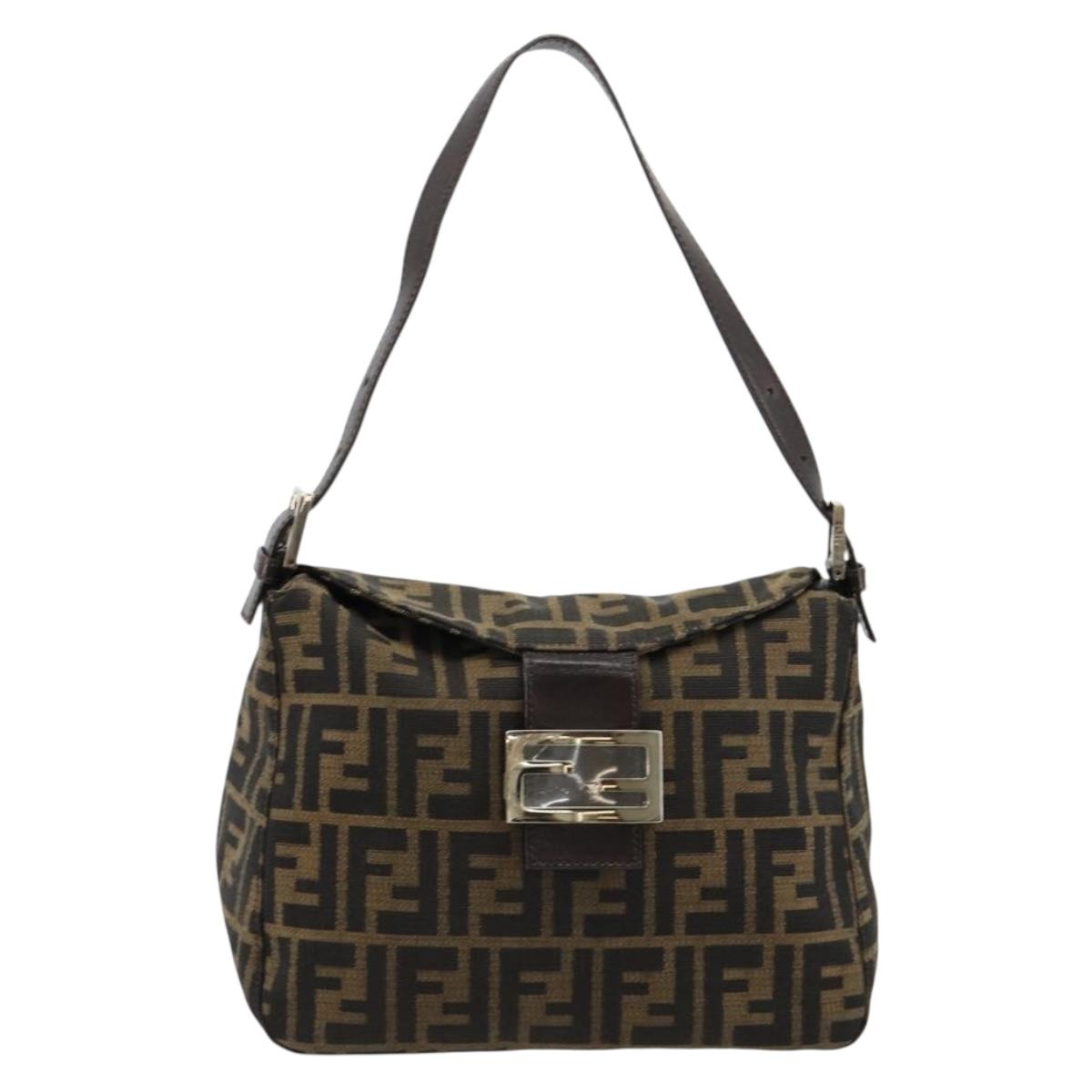 FENDI Zucca Canvas Mamma Baguette Shoulder Bag Black Brown Auth 184555SAM
