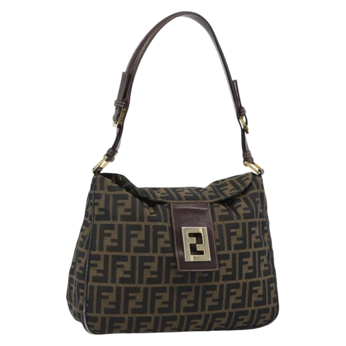 FENDI Zucca Canvas Mamma Baguette Shoulder Bag Black Brown Auth 184556