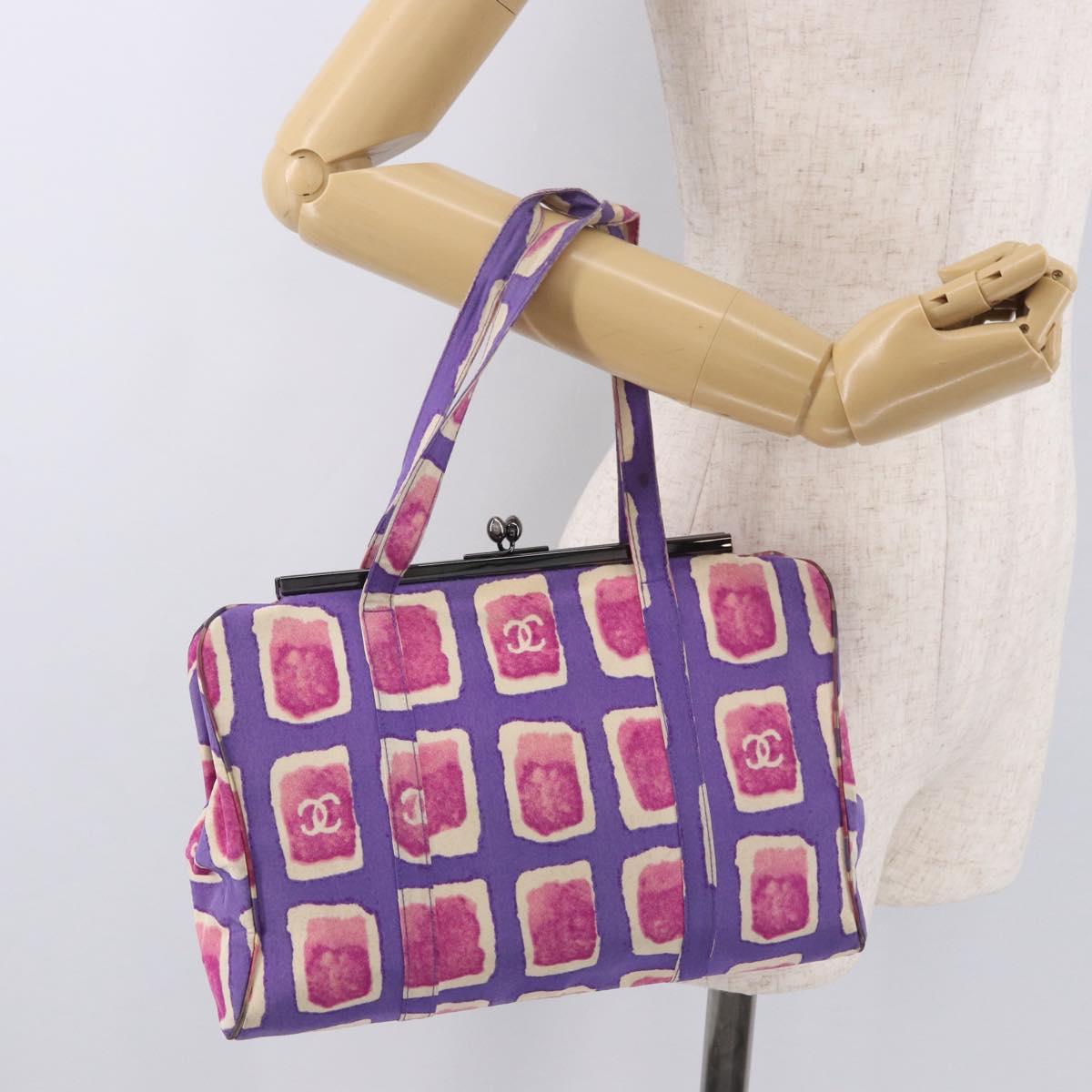 CHANEL Hand Bag Satin Purple Silver CC Auth 184566A