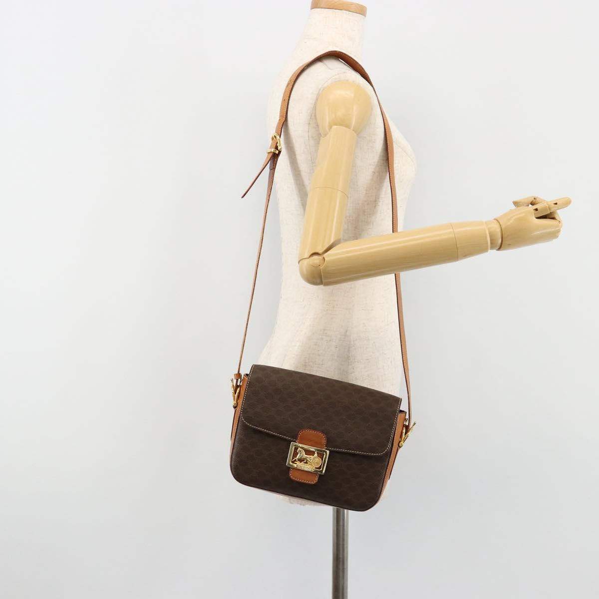 CELINE Macadam Canvas Horse Carriage Bag PVC Leather Brown Gold Auth 184567