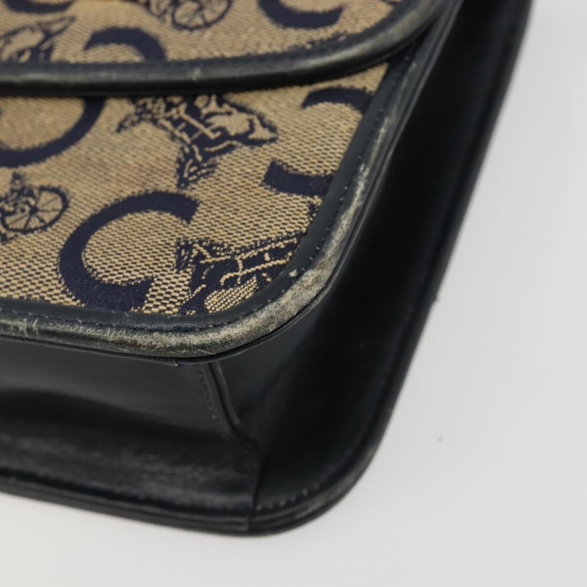 CELINE C Sulky Horse Carriage Shoulder Bag Canvas Navy Gold Auth 184574