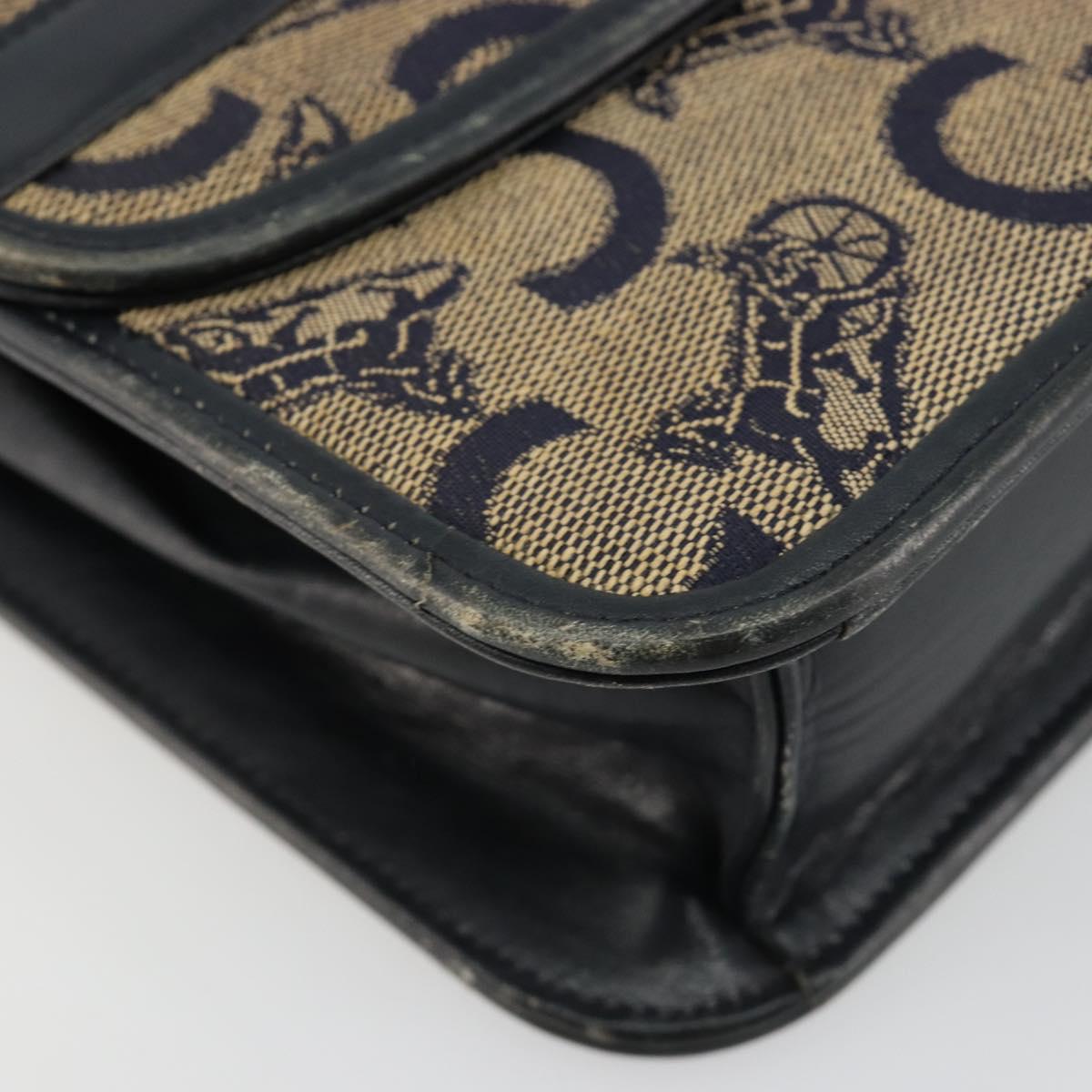 CELINE C Sulky Horse Carriage Shoulder Bag Canvas Navy Gold Auth 184574