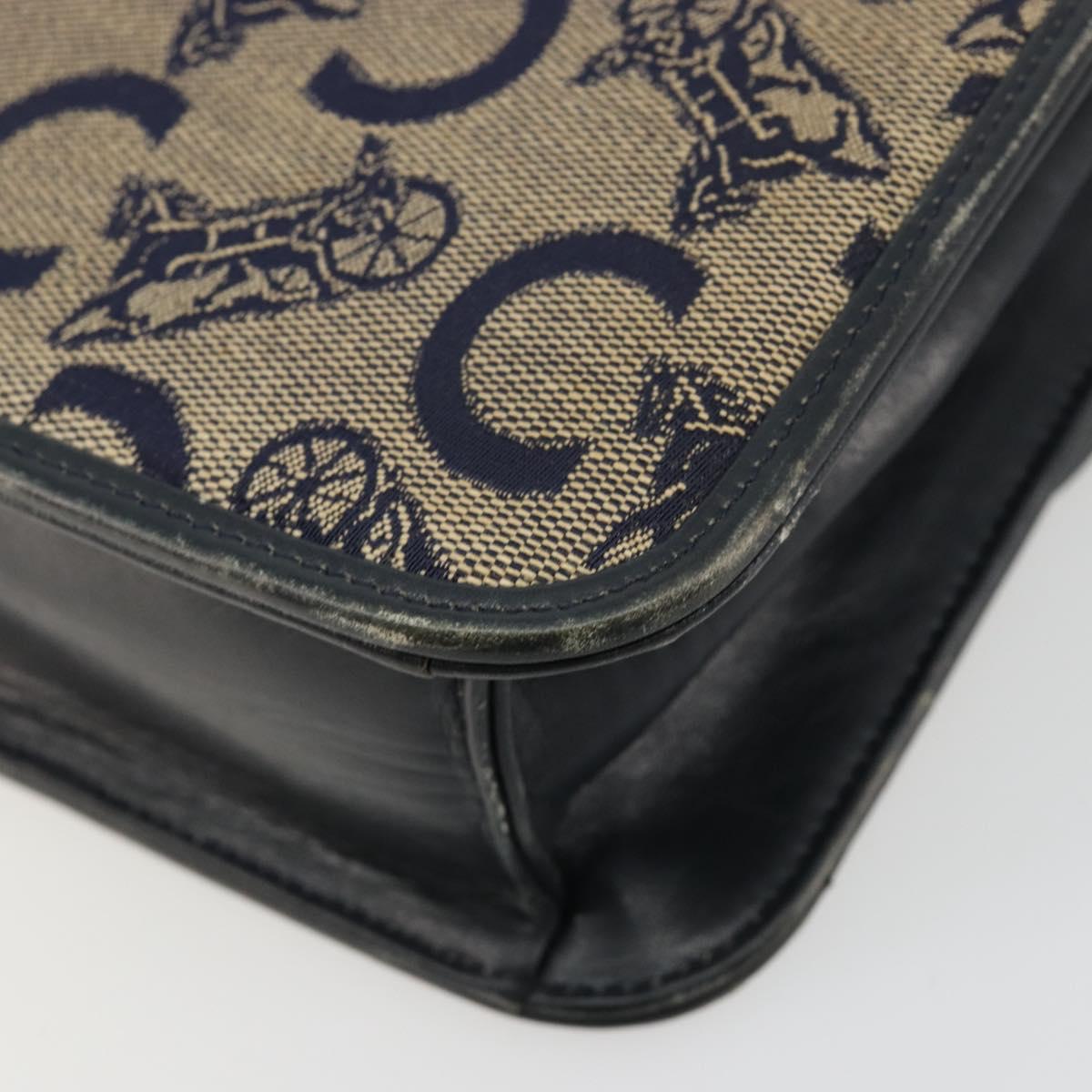 CELINE C Sulky Horse Carriage Shoulder Bag Canvas Navy Gold Auth 184574