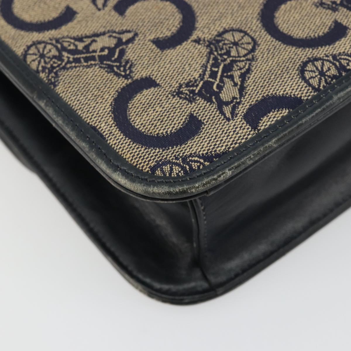 CELINE C Sulky Horse Carriage Shoulder Bag Canvas Navy Gold Auth 184574