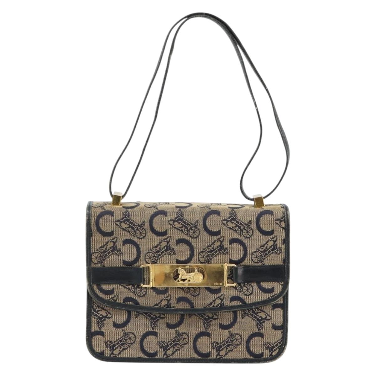CELINE C Sulky Horse Carriage Shoulder Bag Canvas Navy Gold Auth 184574
