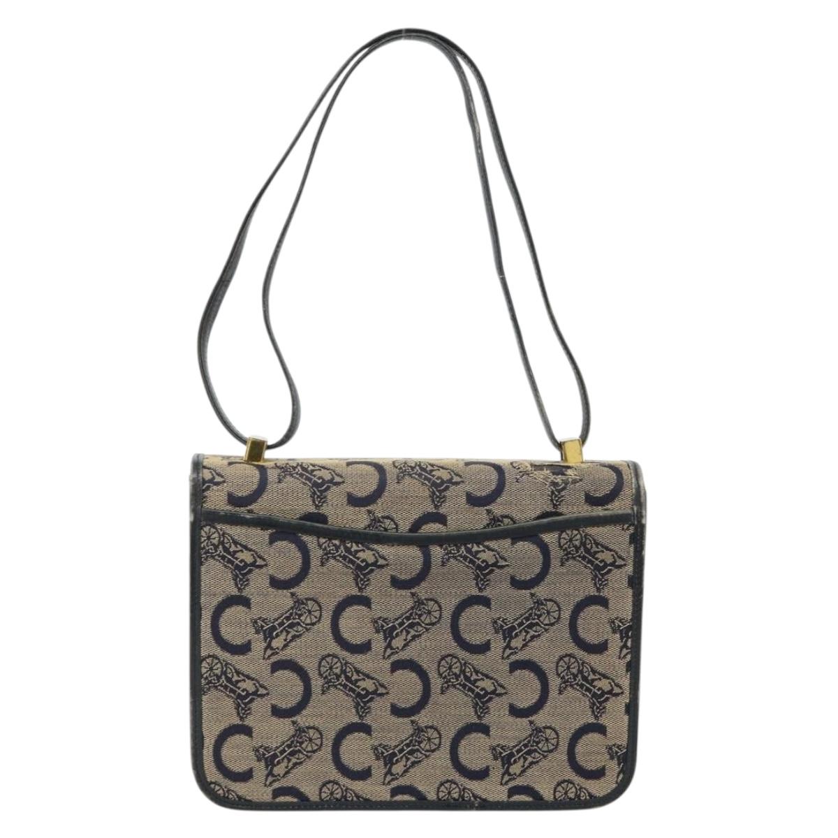 CELINE C Sulky Horse Carriage Shoulder Bag Canvas Navy Gold Auth 184574