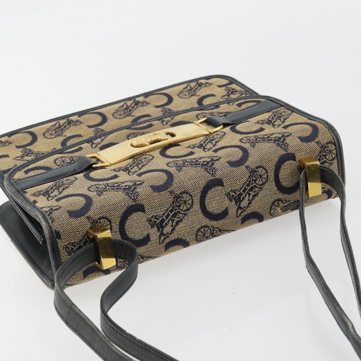 CELINE C Sulky Horse Carriage Shoulder Bag Canvas Navy Gold Auth 184574
