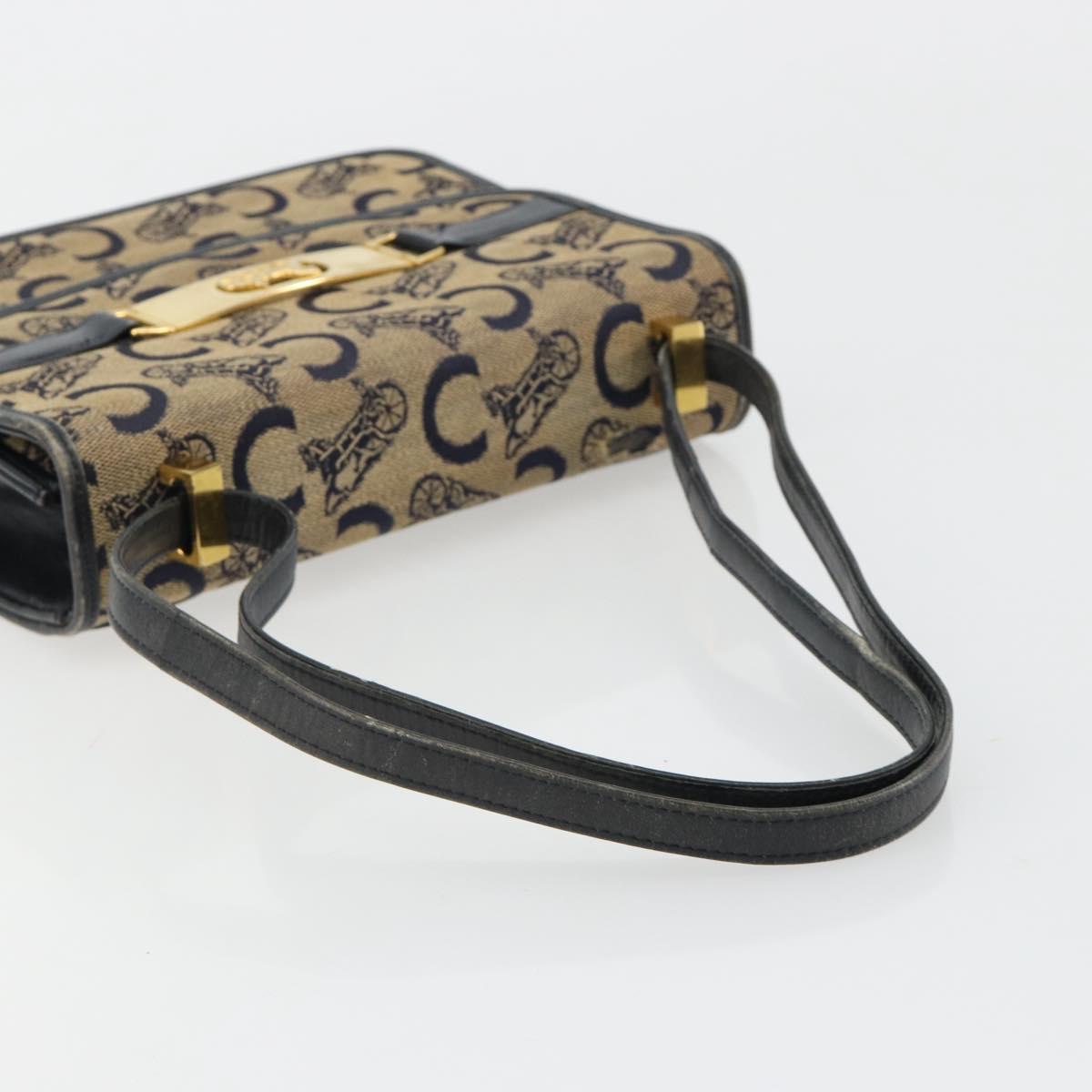CELINE C Sulky Horse Carriage Shoulder Bag Canvas Navy Gold Auth 184574