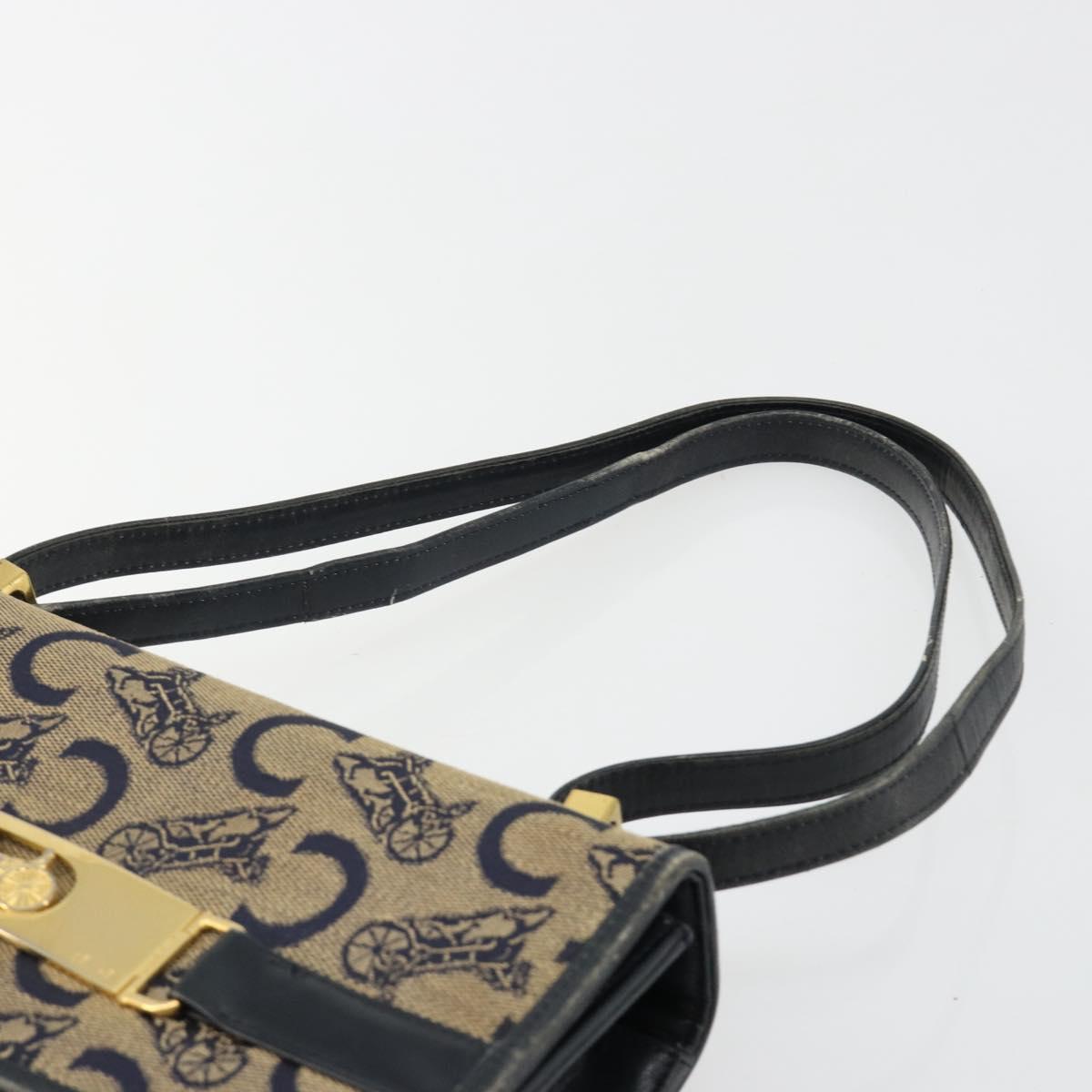 CELINE C Sulky Horse Carriage Shoulder Bag Canvas Navy Gold Auth 184574