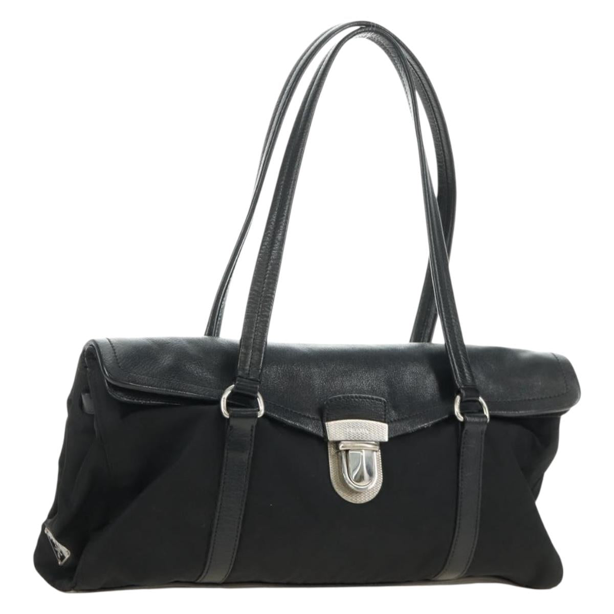 PRADA Shoulder Bag Nylon Leather Black Silver Auth 184579V