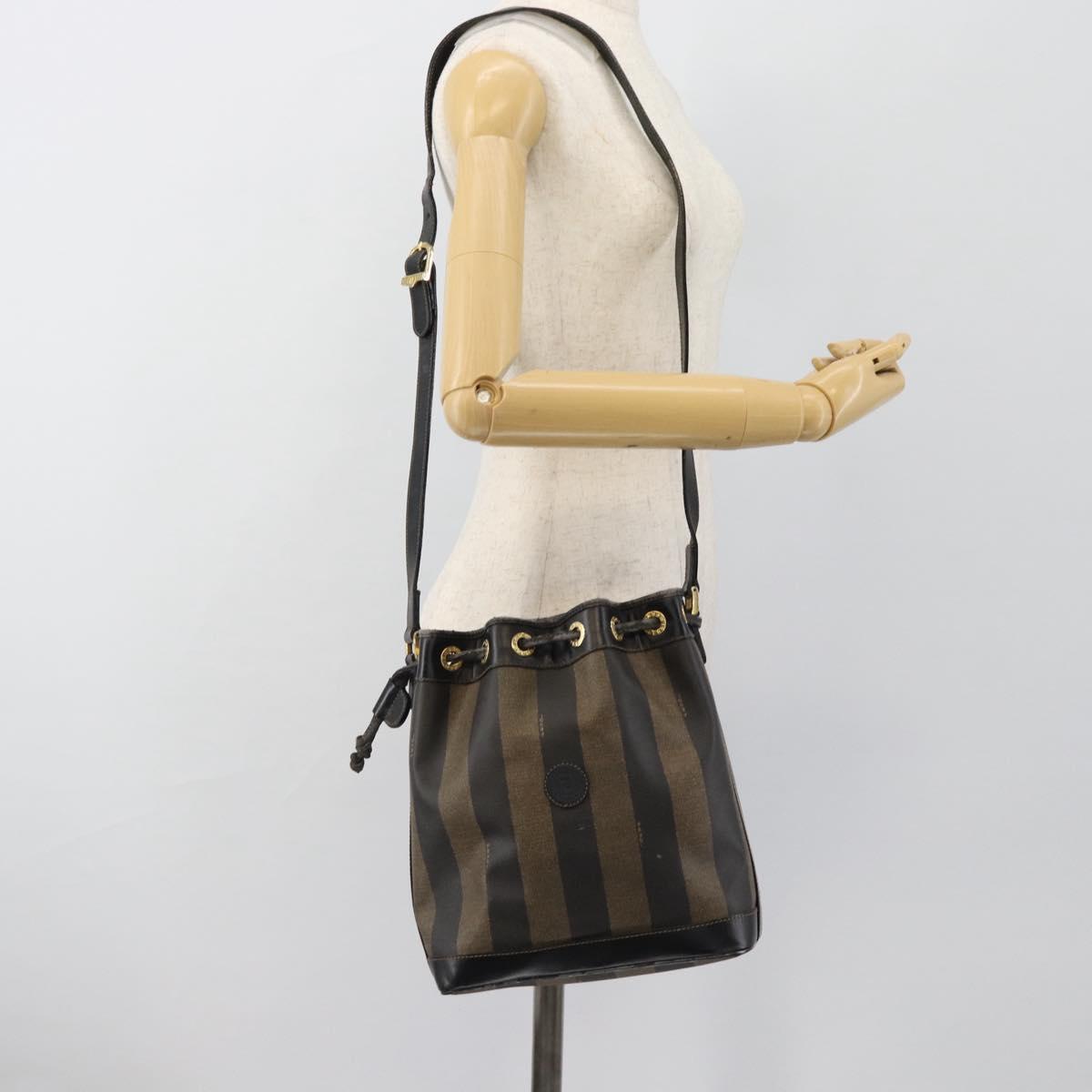 FENDI Pecan Canvas Purse Shoulder Bag PVC Brown Gold Auth 184581