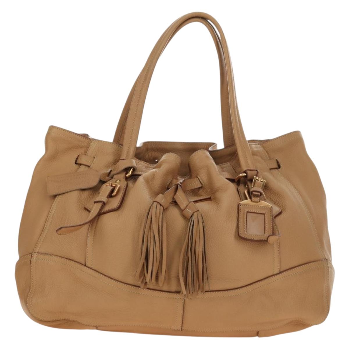 PRADA Tote Bag Leather Beige Gold Auth 184582V