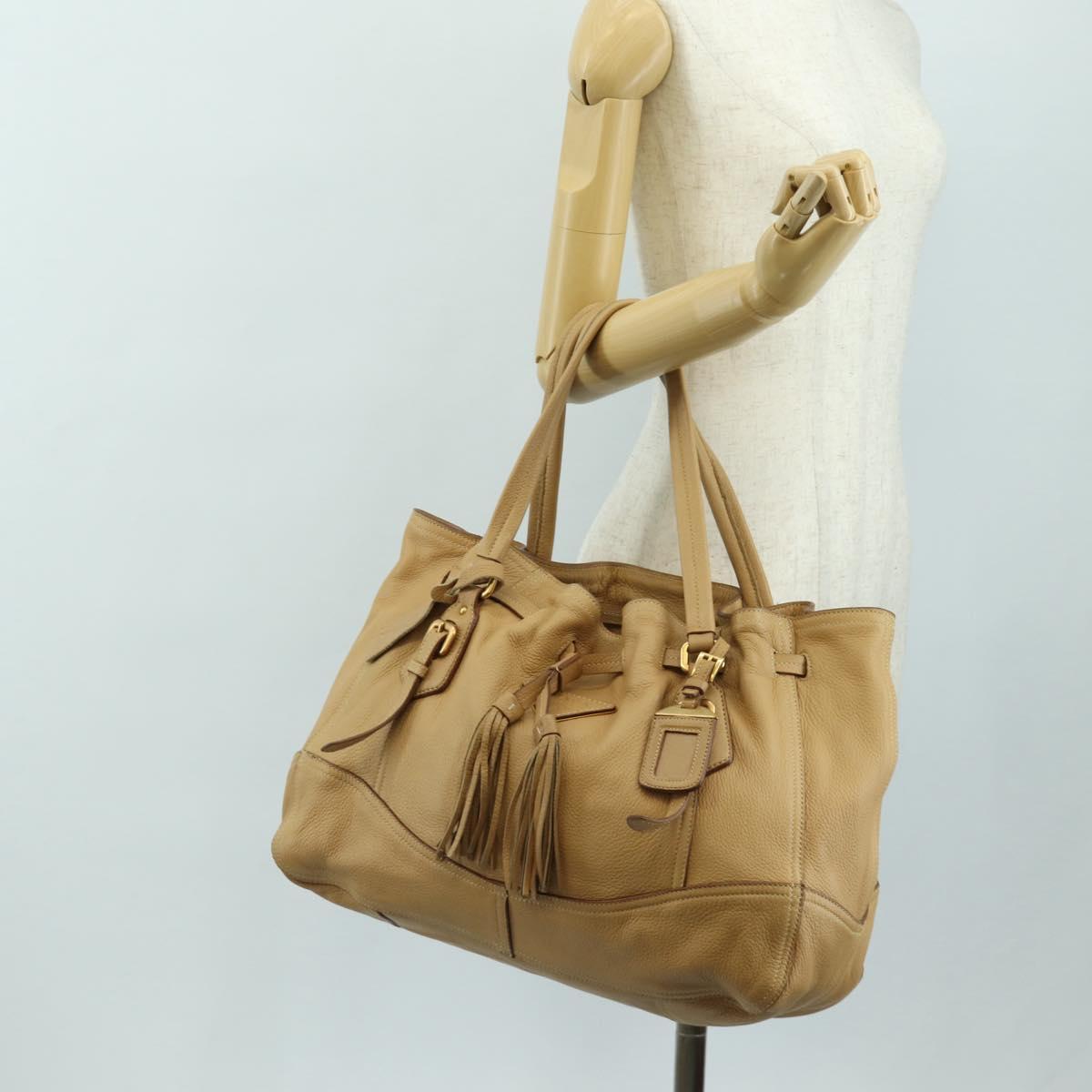 PRADA Tote Bag Leather Beige Gold Auth 184582V