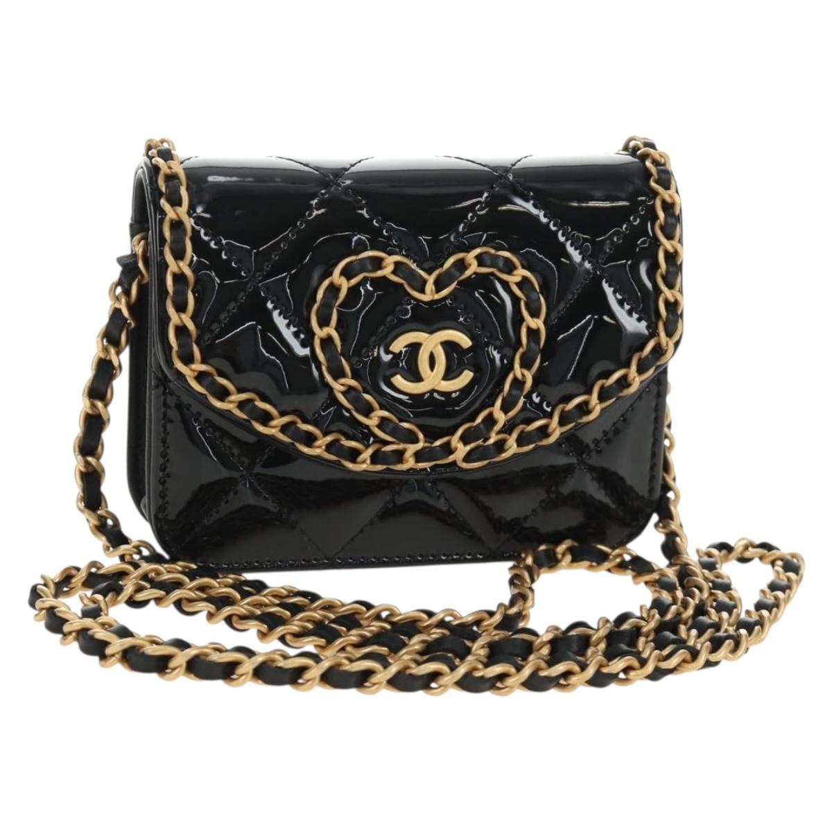 CHANEL Matelasse Chain Shoulder Bag Patent leather Black Gold CC Auth 184590SAM