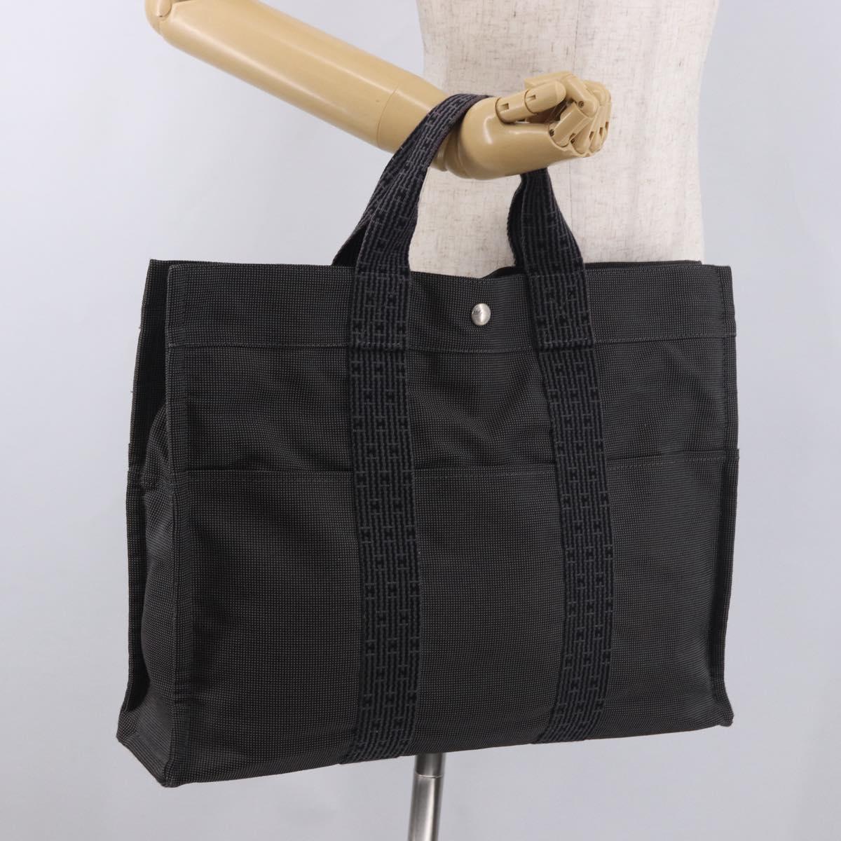 HERMES Her Line MM Hand Bag Canvas Gray Silver Auth 184623A