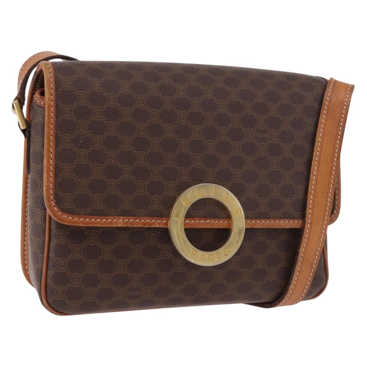 CELINE Macadam Canvas Circle Shoulder Bag PVC Leather Brown Gold Auth 184626