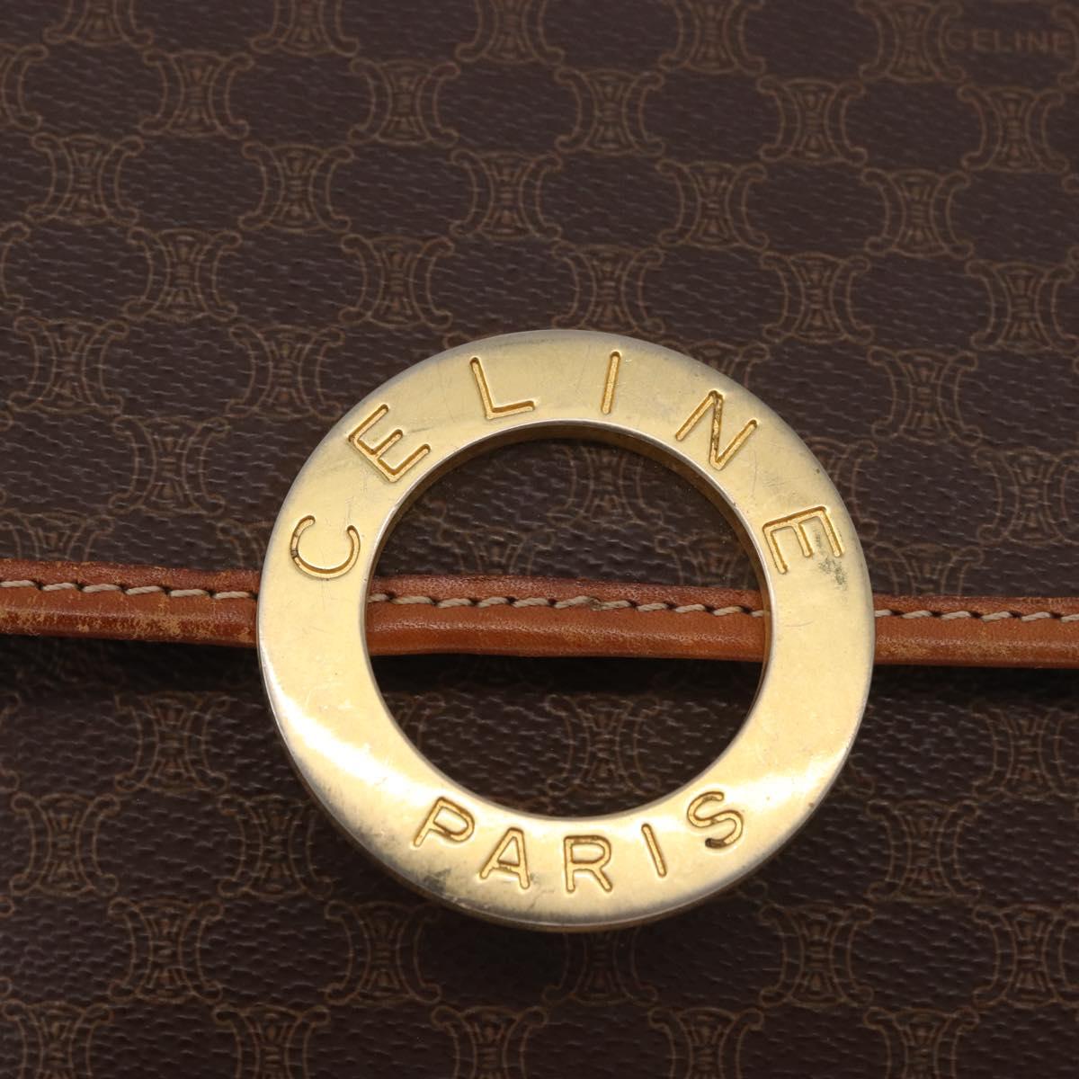 CELINE Macadam Canvas Circle Shoulder Bag PVC Leather Brown Gold Auth 184626